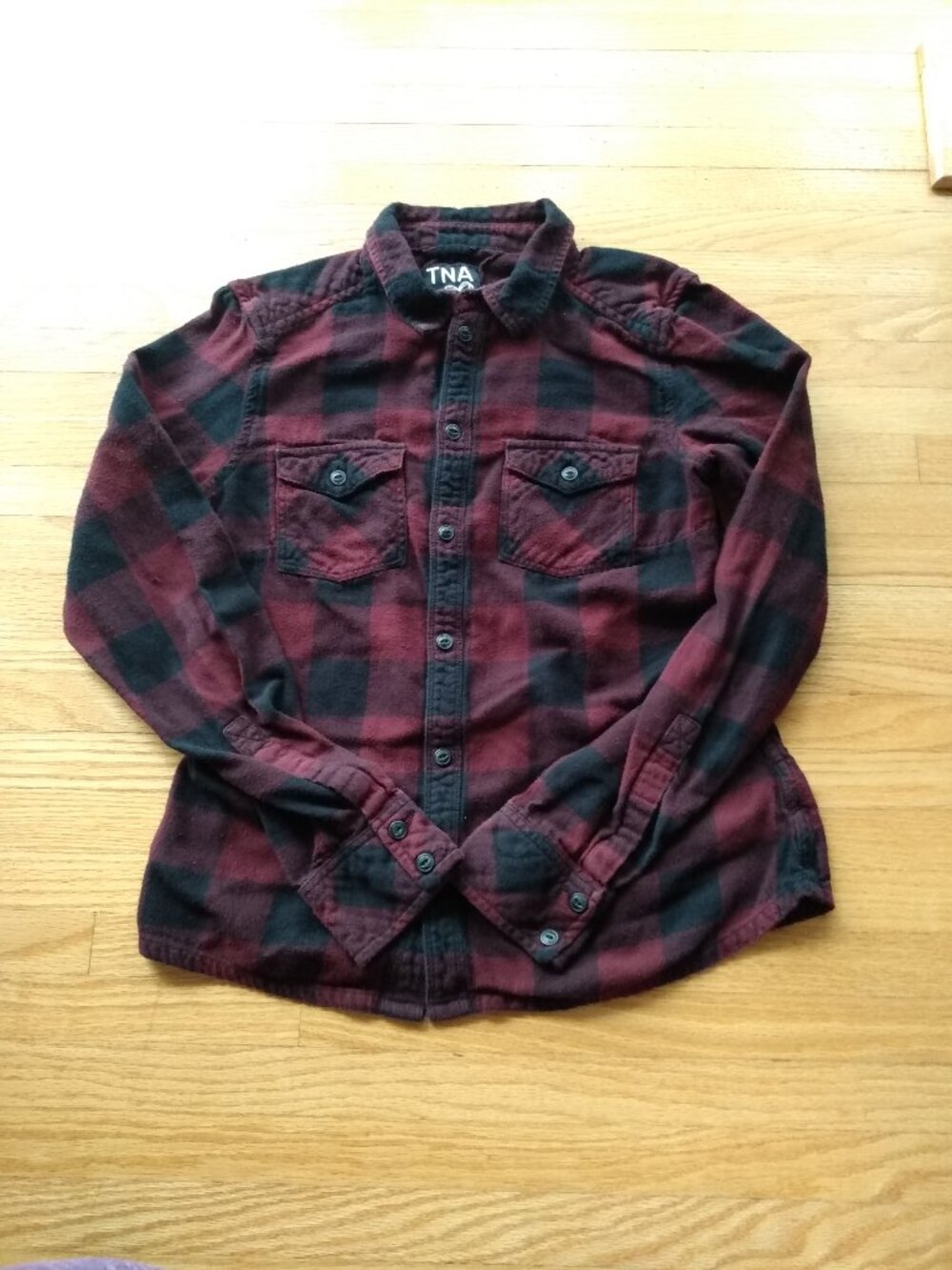 Aritzia TNA Plaid Flannel Shirt Size Small Dark Red and Black Buffalo Check